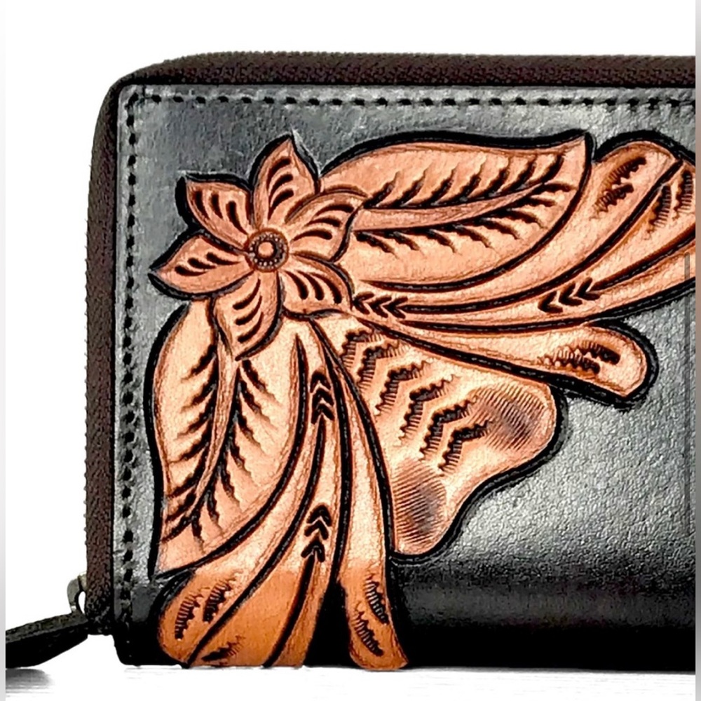 Leather Black and Tan Floral Hand Tooled Zip Wallet - Picture 4 of 5